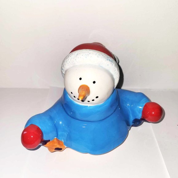 Vintage Homespun Holiday Collection Winter Christmas Snowman 10” Cookie Jar - Picture 7 of 9